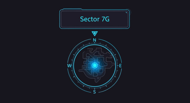 Futuristic Compass Directing to Sector 7G with Glowing Center.