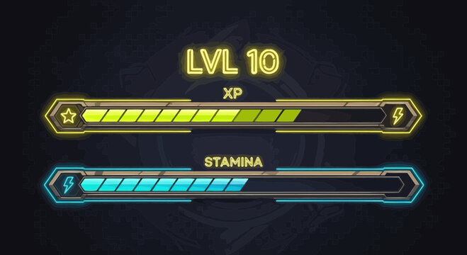 Futuristic Game UI Level 10 XP and Stamina Bars with Neon Accents.