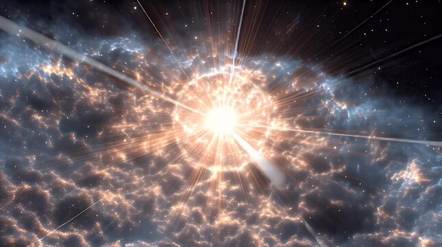 A vibrant cosmic display with a bright celestial object at the center, surrounded by swirling nebulae and particles, radiating energy
