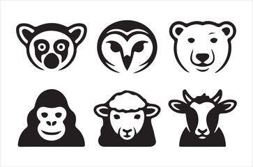 Fototapeta premium Stylized animal head icons sloth owl bear gorilla sheep and goat