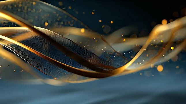 An abstract image featuring flowing golden ribbons and scattered bokeh against a deep blue gradient background. A sense of movement is created