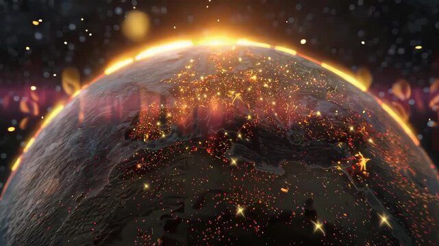 Earth from Space During Sunset with Glowing City Lights and Beautiful Atmosphere Effects
