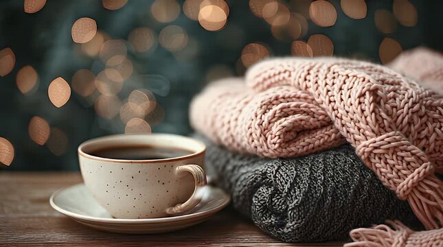 A cozy scene with a cup of coffee and a stack of knitted sweaters. Warm tones and soft bokeh lights create a feeling of comfort