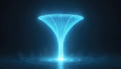 Fototapeta premium Blue glowing light funnel effect. Abstract vortex and energy flow. Digital art and futuristic design. Technology background with bright illumination and particles.