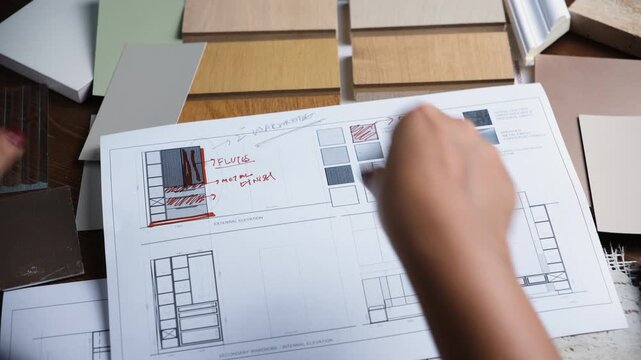 Home renovation planning with material palette and architectural layout drawings, designer at work 
