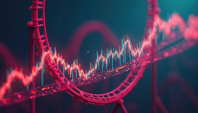Roller coaster tracks with financial chart overlay. Market charts show sharp up and down movements. Intense trading volatility and economic uncertainty.
