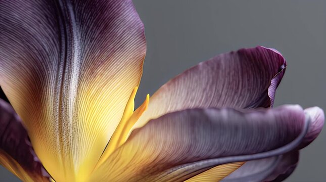 Close-up of a tulip's petals, showing a gradient of purple, yellow, and orange with delicate lines. A soft gray background