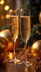 Naklejka premium Two champagne glasses filled with bubbly golden liquid sit on a sparkling surface with blurred festive lights and golden spheres. Celebrate happy new year, anniversary or special event with friends.