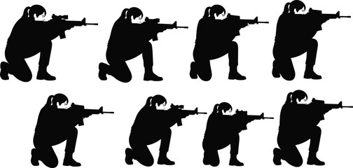 Vector silhouettes of a female soldier in a kneeling tactical shooting position aiming an assault rifle, professional military combat training and special forces operation concept. © MdHasanAli