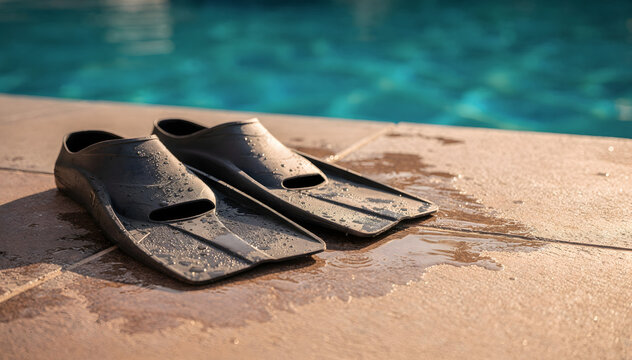 Pair of dark swim fins with water droplets rest on a wet, textured pool deck beside shimmering blue water, bathed in warm, golden sunlight
