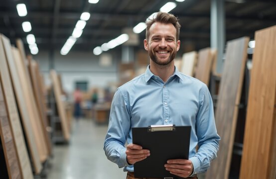 Smiling man holds clipboard in flooring store. Sales consultant shows wood samples, offering expert advice on home renovation. He stands in a retail showroom.
