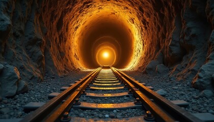 Fototapeta premium Railroad tracks go through dark mine tunnel toward bright light at end. Underground path with rough rock walls. Gloomy industrial interior with hope for exit.