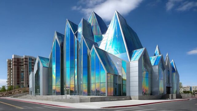  Architectural Marvel: A modern structure with a striking, multifaceted glass facade reflecting the sky, its unique design adding artistic flair.