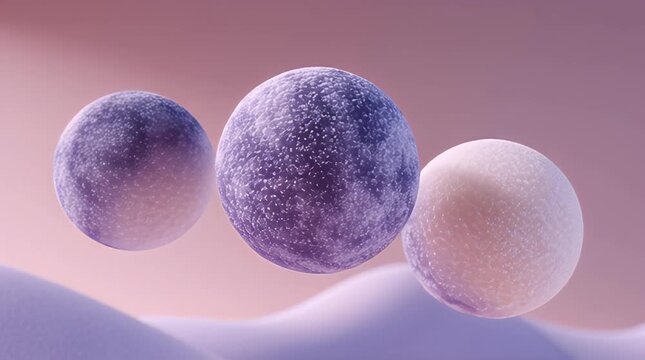 A serene image showcasing three textured orbs floating above a subtle, undulating landscape, all bathed in soft, complementary tones