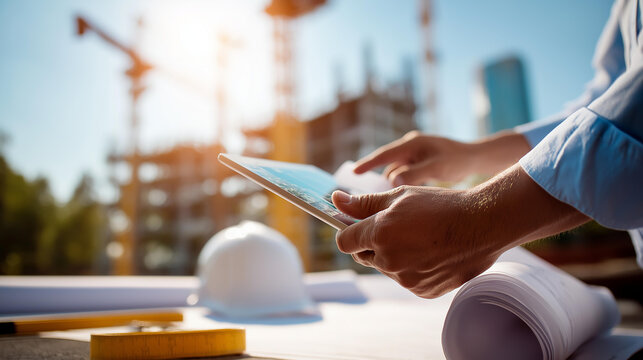 Close up of hands holding rolled blueprint plans and a tablet showing 3D building models at a bright construction site a hard hat and a measuring tape on the concrete surface