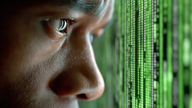 Code of Vision: An intense gaze penetrates a digital cascade of information, representing a focus on data and technology, where the lines of binary code define a new era of sight.