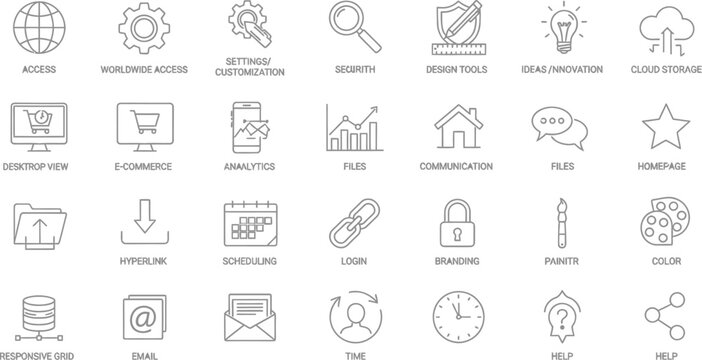 A collection of 25 small black and white icons or symbols