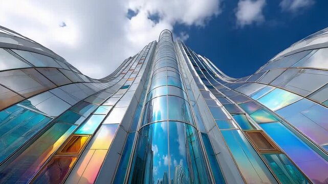  Architectural Marvel: A captivating perspective of a modern, curvaceous building with a reflective, colorful facade, soaring towards a partly cloudy, bright blue sky.