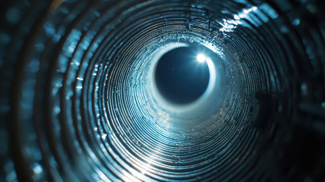 Inside aluminium ventilation duct with light perspective showing air conditioning and airflow system