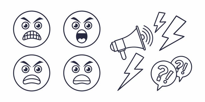 Angry faces and megaphone loudspeaker emoticons expressions