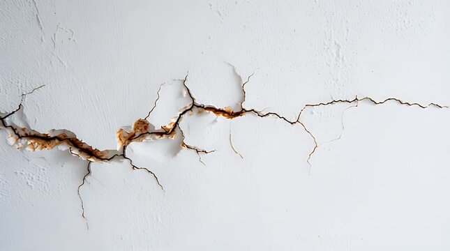 Close-up of a damaged, cracked white surface. The deep fissure reveals discoloration and damage. The textured background