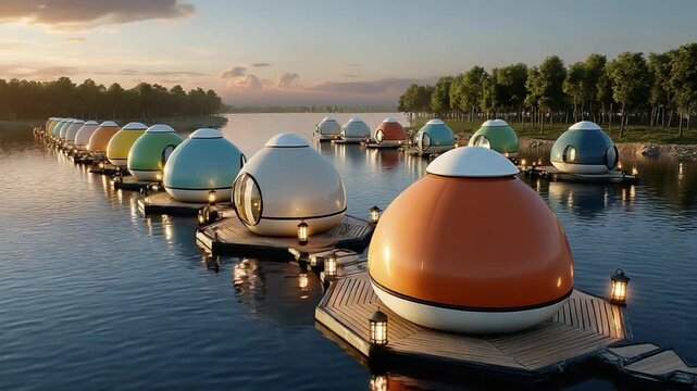 Floating Pods: A unique perspective captures a series of vibrant, egg-shaped pods gracefully positioned on the water surface, creating a distinctive and contemporary waterfront scene.