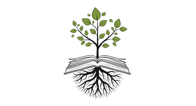 Tree with green leaves growing from open book with roots, symbolizing education and knowledge, isolated white background.