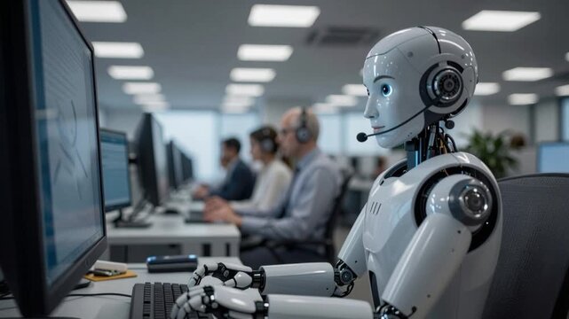 AI robot using computer work with human team in teamwork productivity assistant coding agent in office background