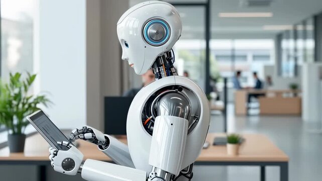 White AI robot using holding digital tablet white standing in the modern office for work