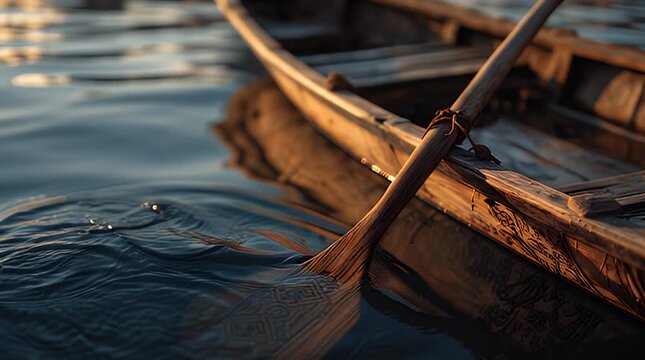 A close-up shows a wooden oar in the water, positioned above a wooden boat. The oar dips in and out, creating slight ripples