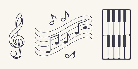 Music notes and piano keyboard treble clef musical notes sheet music © Bakkar