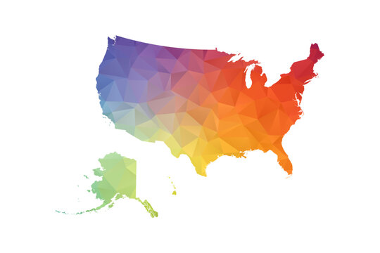 United States of America Map - Polygon Style Vector Illustration in Rainbow Gradient, Low Poly Multicolor Geometric Design, Isolated on White Background, Suitable for Reports, and Creative Projects.