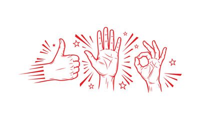 Obraz premium hands giving thumbs up and ok signs with stars and lines