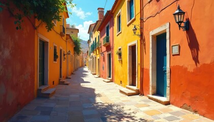 Fototapeta premium Narrow cobblestone alleyway lined with vibrantly painted houses. Sunlight casts shadows on the path. Traditional European village streetscape with colorful facades and doorways.