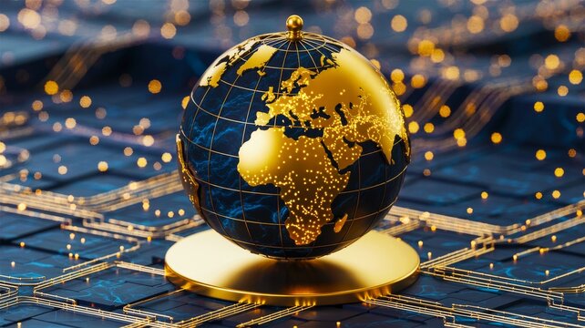 A golden globe featuring continents rests on a futuristic circuit board with glowing digital lights in the background.