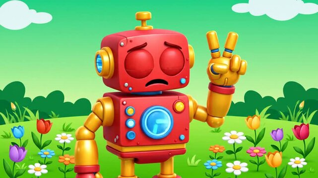 A cartoon robot making a peace sign in a field of colorful flowers and greenery on a sunny day