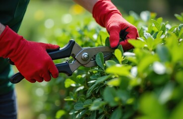 Obraz premium Gardener in red gloves trims green hedge with shears. Person shapes bush with tool. Outdoor work, plant care, summer activity, garden maintenance.