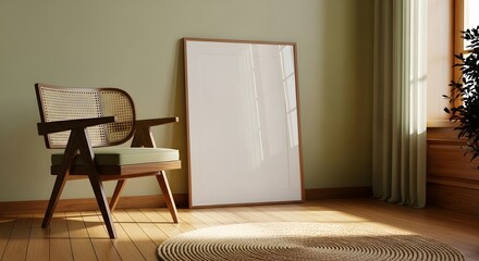 Fototapeta premium A minimalist interior scene featuring a wooden chair and a blank picture frame on a wooden floor