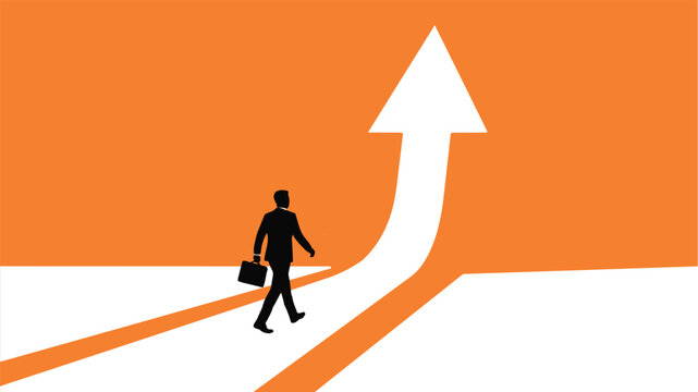 Businessman walking on an upward pointing arrow path to success