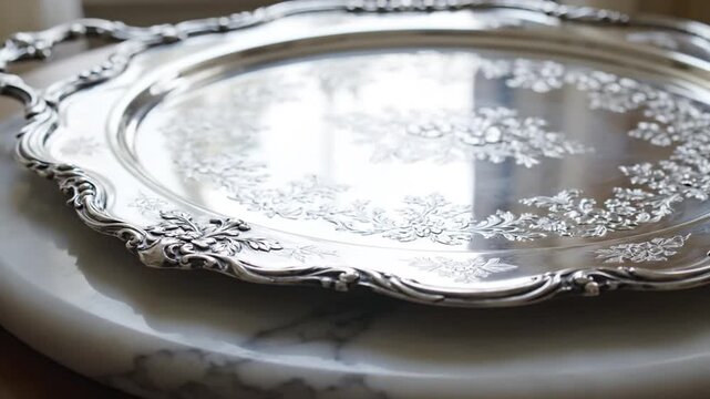 Close-up of ornate silver serving tray on marble surface indoors