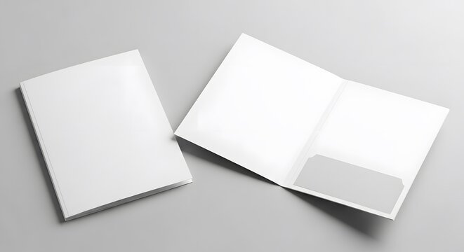 A high quality professional mockup featuring two blank white presentation folders on gray background