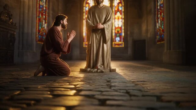 Devoted man kneeling in prayer before a statue in a stained glass church, seeking guidance and solace