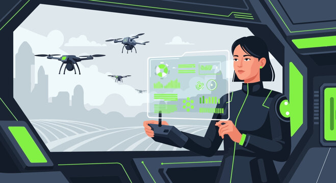 Woman Operating Futuristic Drone Control Interface.