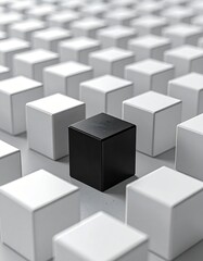Fototapeta premium A unique black cube stands out from a sea of identical white cubes, symbolizing individuality and difference