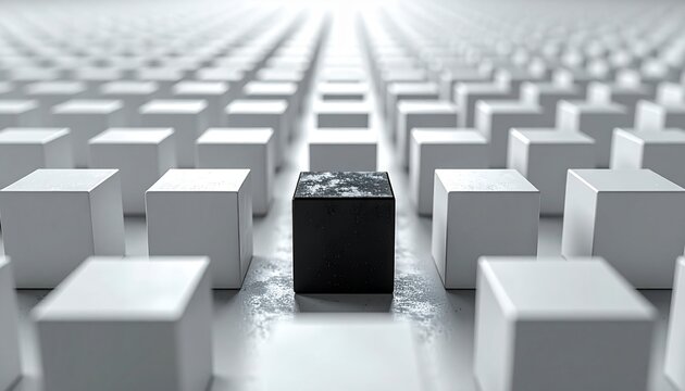Single black block prominently positioned amidst a vast array of identical white cubes, representing the powerful concept of individuality and strategic differentiation