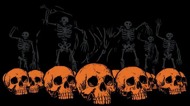 Orange skulls and dancing skeletons on black background for Halloween decoration