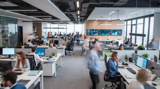 Modern office space with coworkers working and walking, cityscape background, professionals collaborating