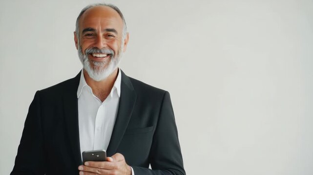A man in a suit and tie, holding a phone to his ear with a smile on his face. He appears to be engaged in a pleasant conversation or is receiving good news.