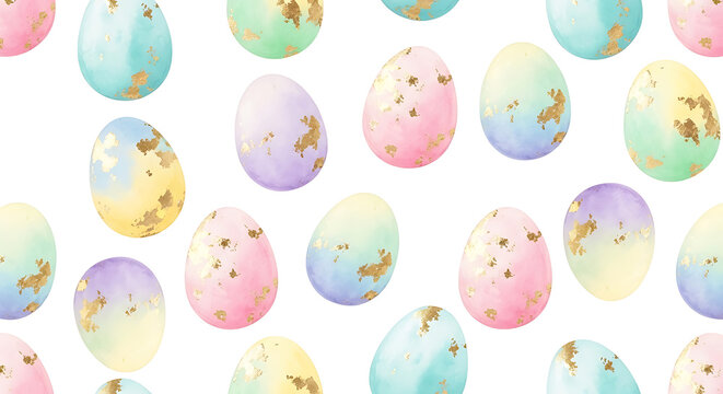 Colorful easter eggs with gold foil accents pastel palette green pink blue yellow purple white background seamless pattern