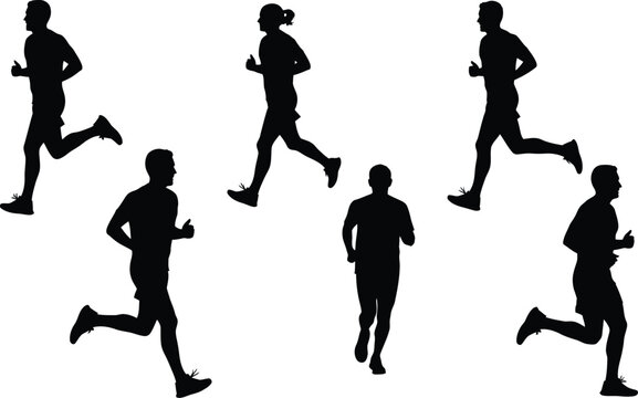 Collection of six heavy four-engine passenger jet silhouettes, black vector icons of large commercial airplanes in various flight angles isolated on white.